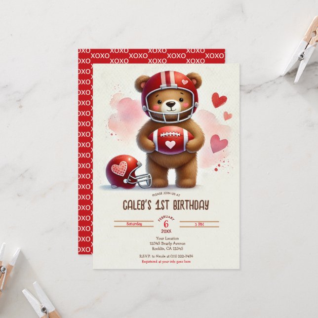 Touchdown Football Nalle Valentine Day Card Inbjudningar (Fram/Back In Situ)