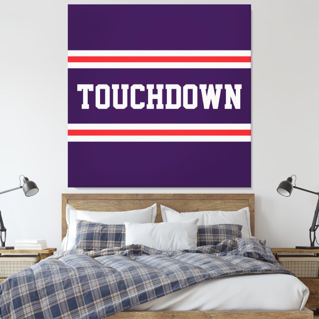TOUCHDOWN Lila Röd Vit Text Racingränder Canvastryck (Insitu (sovrum))