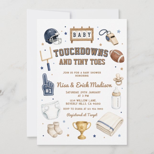 Touchdown Tiny Toes Blöja Par Baby Shower Inbjudningar (Framsida)