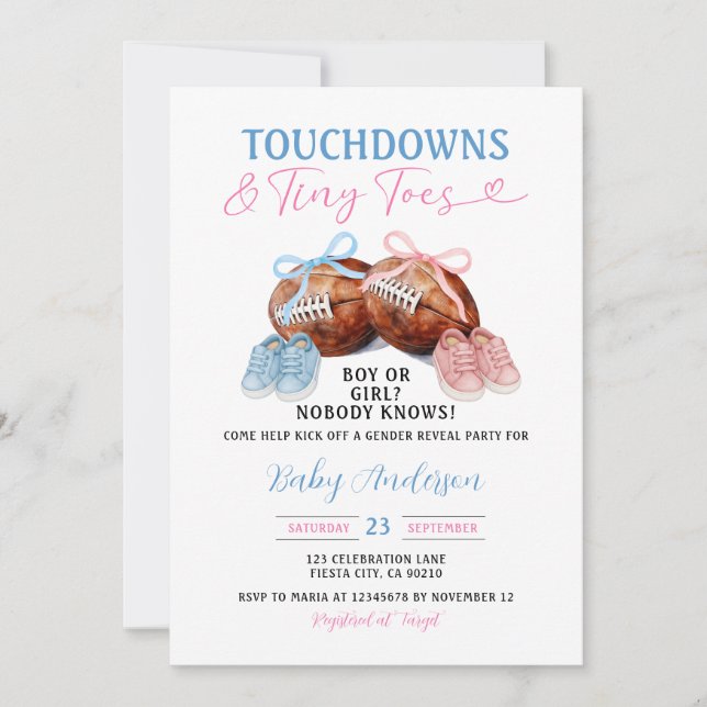 Touchdown & Tiny Toes Football Gender Reveal Mjölk Inbjudningar (Framsida)