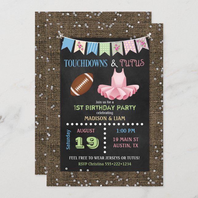 Touchdown & Tutus Twillingars Birthday eller Baby  Inbjudningar (Fram/baksida)