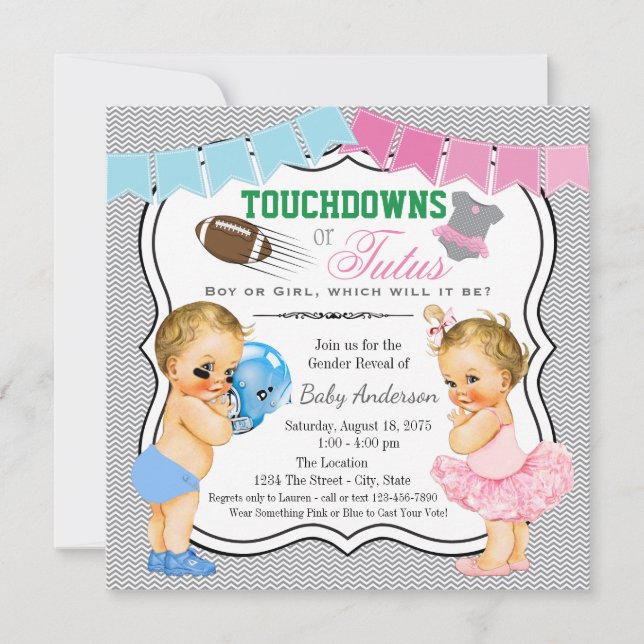 Touchdowns- eller Tutus Gender Reveal-inbjudan Inbjudningar (Framsida)