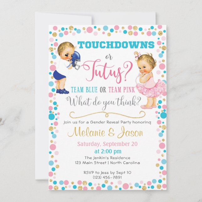 Touchdowns- eller Tutus Gender Reveal-inbjudan Inbjudningar (Framsida)