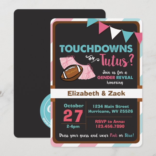 Touchdowns- eller Tutus Gender Reveal-inbjudan Inbjudningar (Fram/baksida)