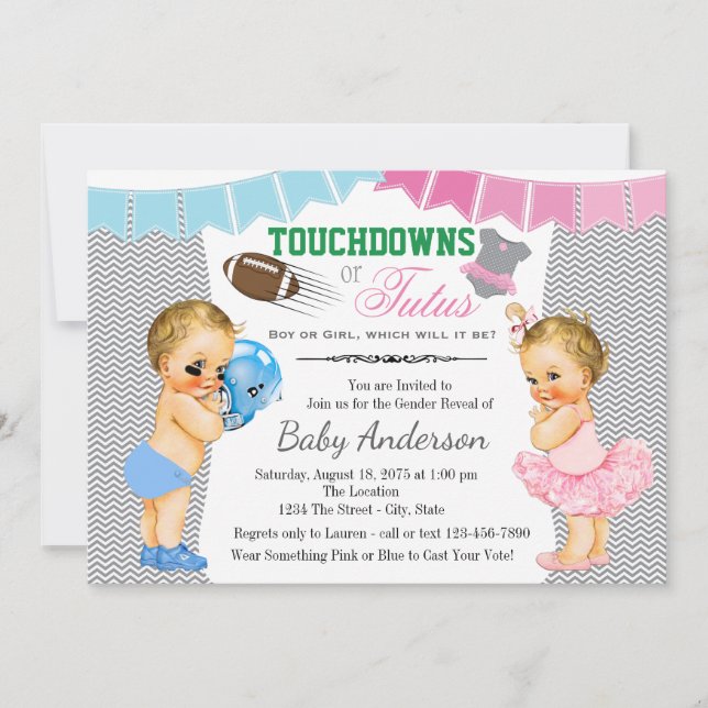 Touchdowns eller Tutus Könsbestämmande Bebisfest Inbjudningar (Framsida)
