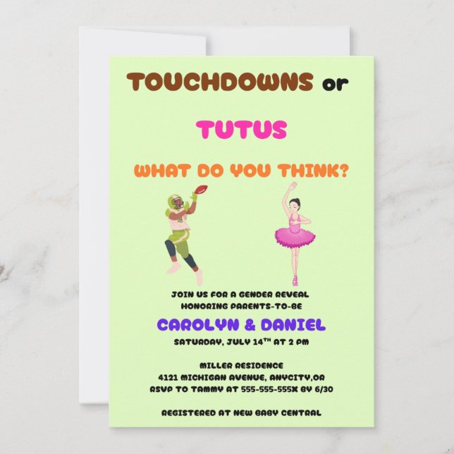 Touchdowns eller Tutus Könsbestämningsfest Inbjudningar (Framsida)