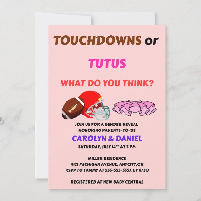 Touchdowns eller Tutus Könsbestämningsfest Inbjudningar (Framsida)