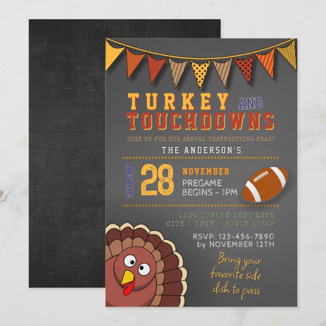 Touchdowns och Turkiet tackdags Game Day Inbjudan (Fram/baksida)