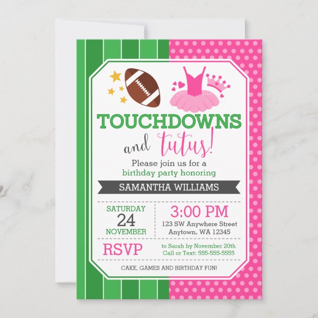 Touchdowns och Tutus Birthday-inbjudningar Inbjudningar (Framsida)
