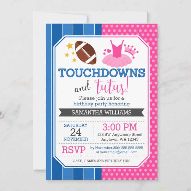 Touchdowns och Tutus Rosa Blue Birthday-inbjudan Inbjudningar (Framsida)