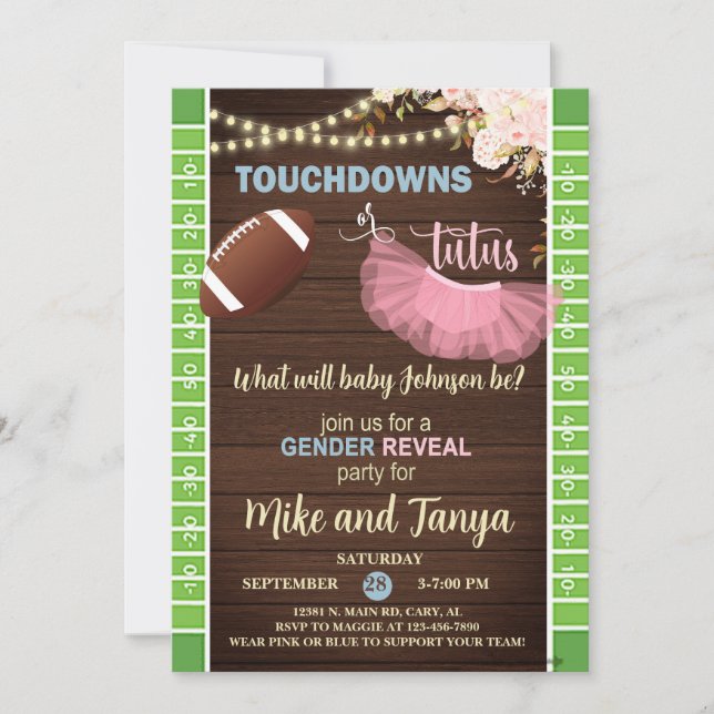 Touchdowns or Tutus gender reveal invitation. Inbjudningar (Framsida)