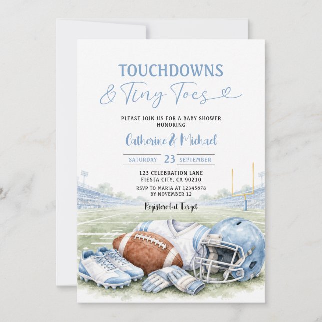 Touchdowns Tiny Toes Blå Fotboll Baby Shower Inbjudningar (Framsida)