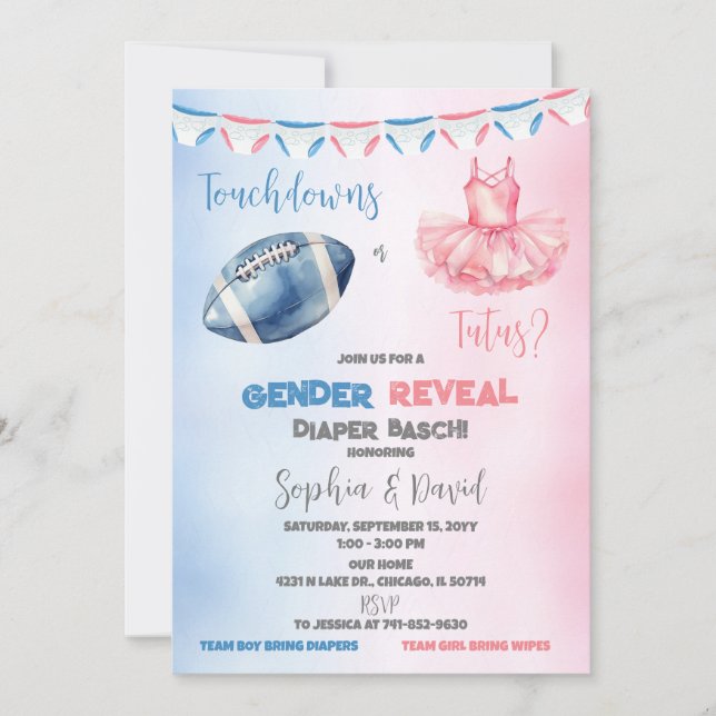 Touchdowor eller Tutus Gender Reveal Diaper Party Inbjudningar (Framsida)