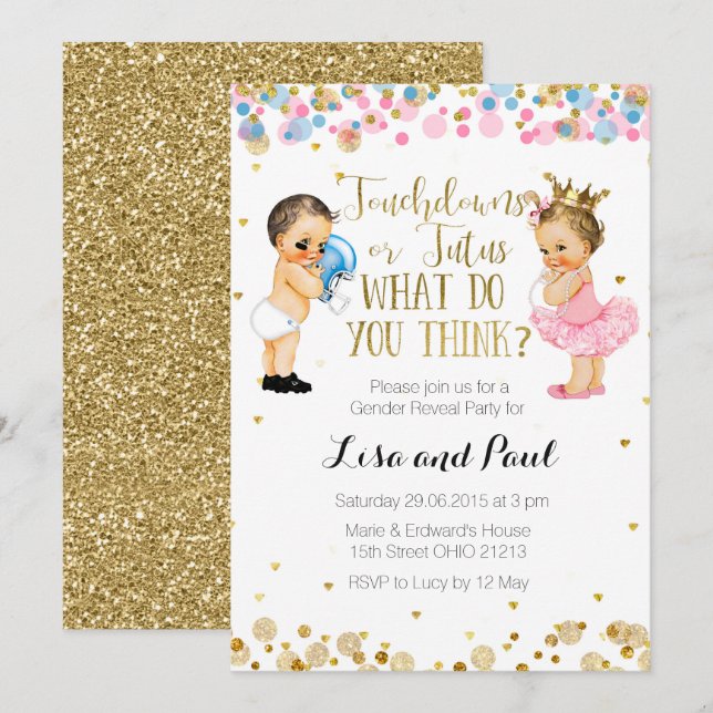 Touchdowor eller Tutus Gender Reveal-inbjudan Inbjudningar (Fram/baksida)