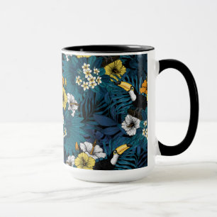 Toukaner och tropiska floror, blått, gult, orange mugg