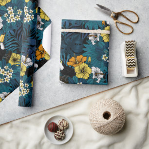 Toukaner och tropiska floror, blått, gult, orange presentpapper