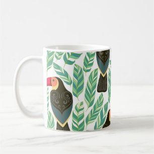 Toukaner, tropiska löv, dekorativa mönster. kaffemugg