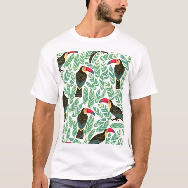 Toukaner, tropiska löv, dekorativa mönster. t shirt (Framsida)