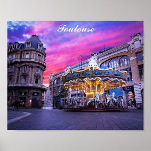 Toulouse Frankrike Fransk City Carousel Sunset Tra Poster