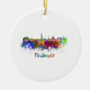 Toulouse skyline i vattenfärg julgransprydnad keramik