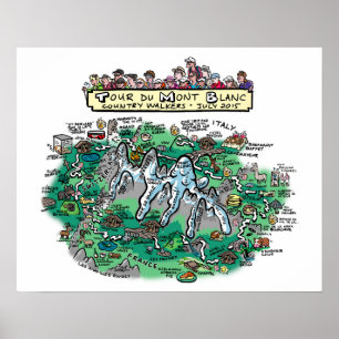 Tour du Mont Blanc tecknad karta - poster 20 x 16
