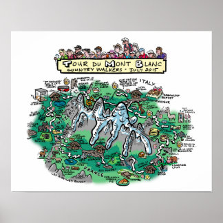 Tour du Mont Blanc tecknad karta - poster 20 x 16