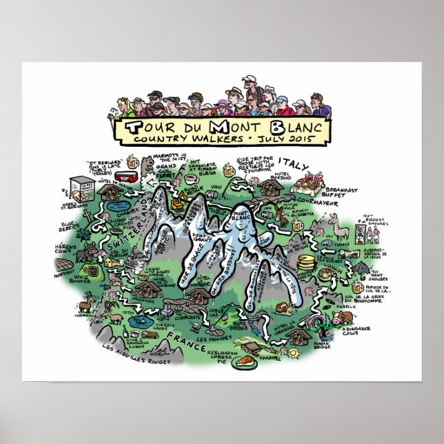 Tour du Mont Blanc tecknad karta - poster 20 x 16  (Framsidan)