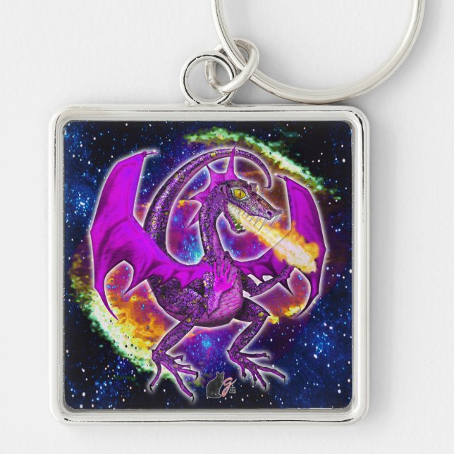 Tourmaline Cosmic Dragon Fyrkantig Silverfärgad Nyckelring (Framsidan)