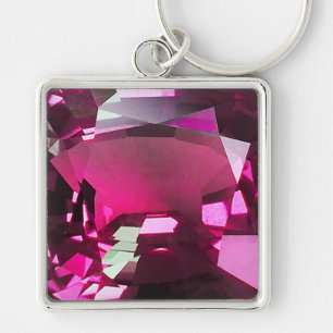 Tourmaline Gemstone Rosa Fyrkantig Silverfärgad Nyckelring