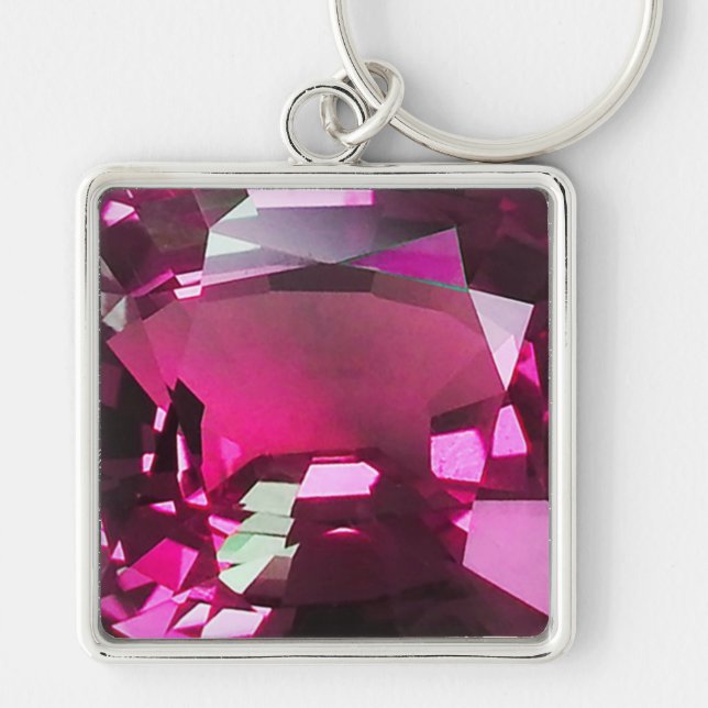 Tourmaline Gemstone Rosa Fyrkantig Silverfärgad Nyckelring (Framsidan)
