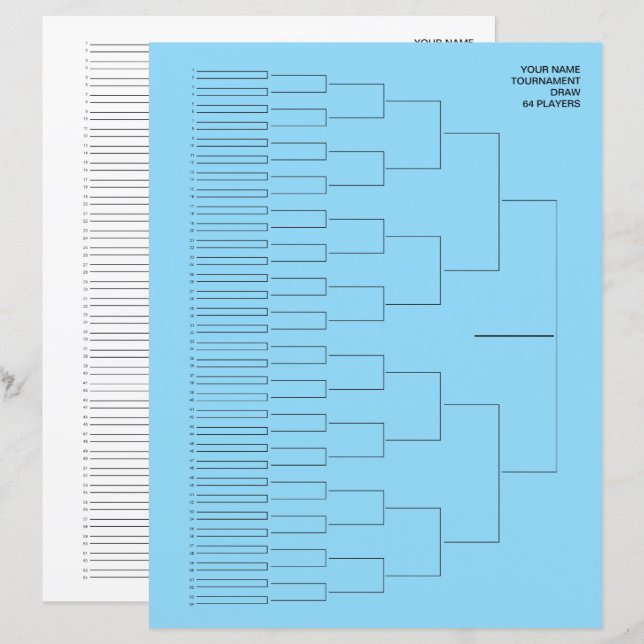 Tournament draw template paper sheet for 64 player (Fram/baksida)