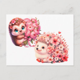  Tow cuteRomantic Floral Hedgehog Duo Illustration Vykort