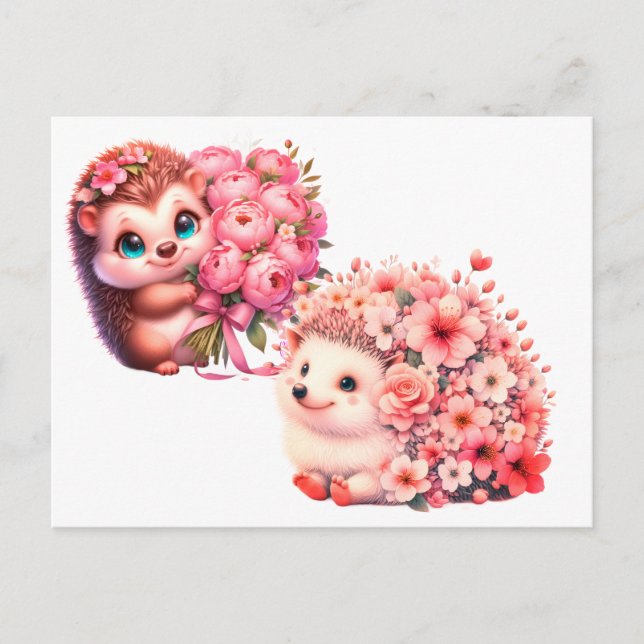  Tow cuteRomantic Floral Hedgehog Duo Illustration Vykort (Framsida)