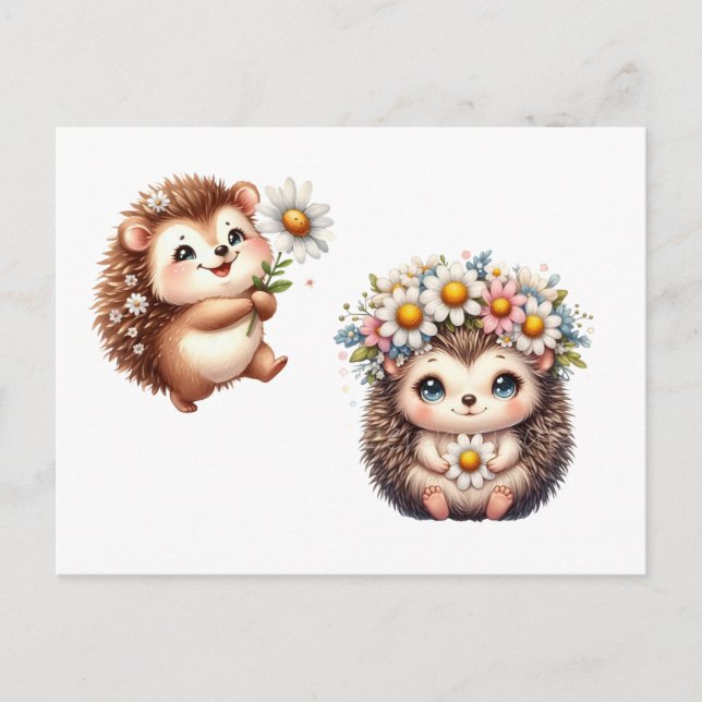  Tow cuteRomantic Floral Hedgehog Duo Illustration Vykort (Framsida)
