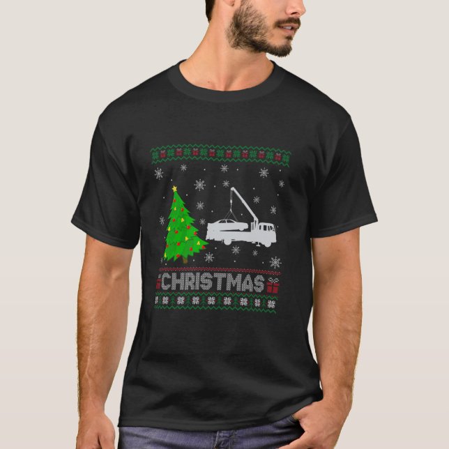 Tow Lastbil Julafton Träd Lighting Ugly Jul Sweate T Shirt (Framsida)