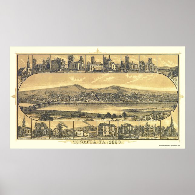 Towanda, PA Panoramic Karta - 1880 Poster (Framsidan)