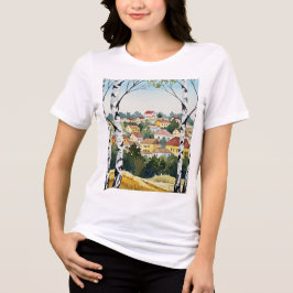 Town on a hill seen through birch trees t shirt