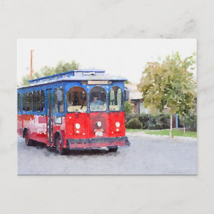 Town Trolley Watercolor Postcard Vykort