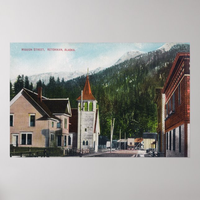 Town View of Uppdrag StreetKetchikan, AK Poster (Framsidan)
