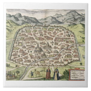 Townkarta av Damascus, Syrien, 1620 (gravyr) Kakelplatta