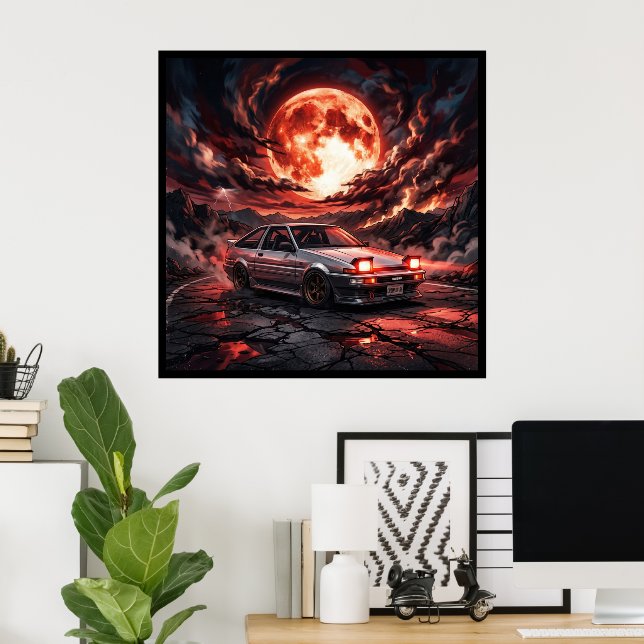 Toyota Trueno AE86 Under en blodröd måne Poster (Hemmakontoret)