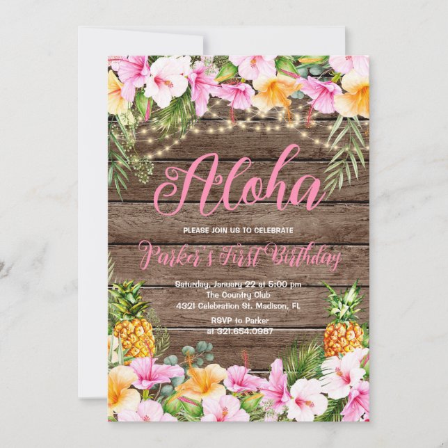 Trä Ananas Aloha Första Födelsedagsfesten Inbjudningar (Framsida)