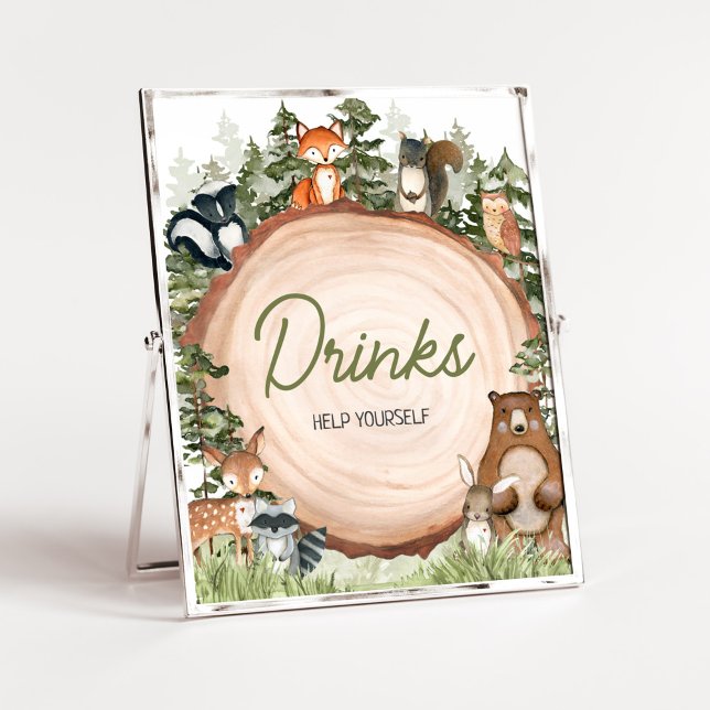 Trä Animals Wood Slice Drinks Poster (Boy Woodland Animals Baby Shower Drinks Sign)