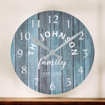 Trä Anpassningsbar Family Namn Rustic Beach House Rund Klocka<br><div class="desc">Blåträgårdshusets väggklocka i stil är perfekt för ditt land Beach House-kök eller bostadsrum. Anpassa till din familj namn och skapa år för en unik födelsedagspresent eller julklapp på personligen.</div>