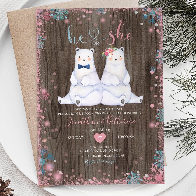 Trä Bear Gender avslöjar Snöflingor Inbjudningar (Skapare uppladdad)