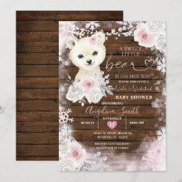 Trä Bear Pastel Rosa Snowflake Baby Shower Inbjudningar