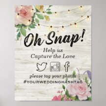 Trä blomstersträng ljus Snap Hashtag Bröllopsskylt