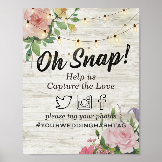 Trä blomstersträng ljus Snap Hashtag Bröllopsskylt Poster (Framsidan)