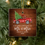 Trä Brush Script Red Lastbil Första jul Sq Julgransprydnad Keramik<br><div class="desc">Rustic Wood Brush skrev vår första jul som Mr och Mrs. - Vattenfärgsfärgad Vintage Red Lastbil Ornament - Square</div>