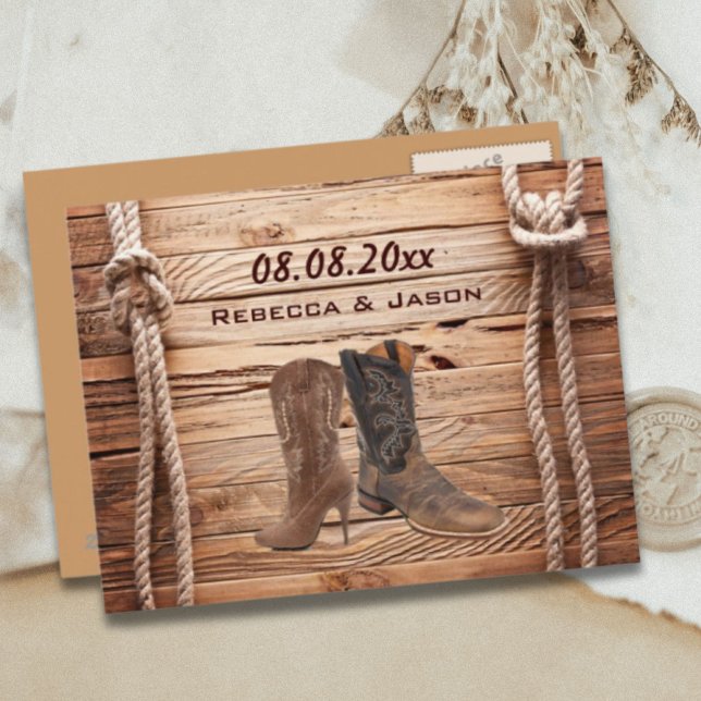 trä Cowboy Stövlar Western country spara datumet Meddelande Vykort (wood Cowboy Boots Western country save the date Announcement Postcard)